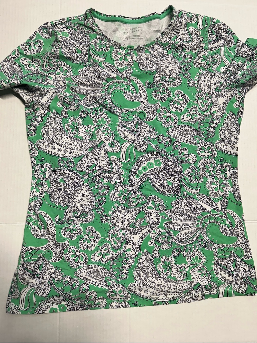 Talbots Green and White Paisley Floral Crewneck Tee